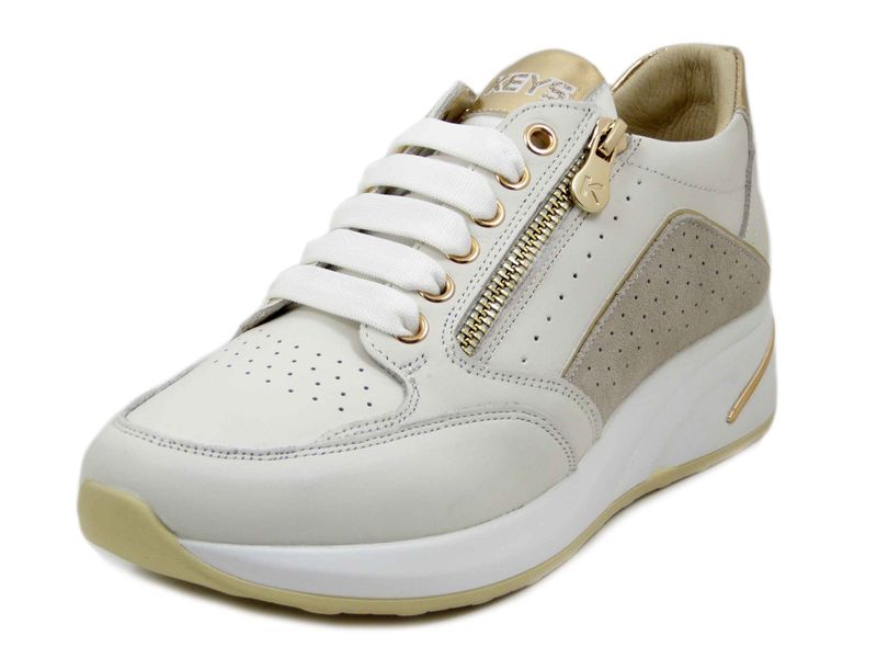 Sneakers Donna Bianche Beige e Oro, Zeppa Bassa 4 cm, Plantare Estraibile, KEYS - K10553