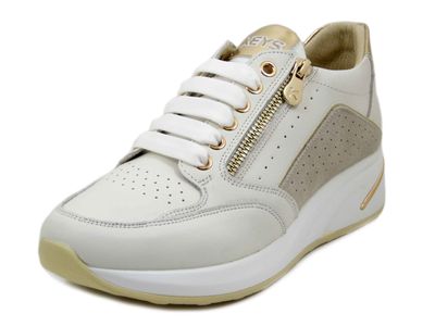 Sneakers Donna Bianche Beige e Oro, Zeppa Bassa 4 cm, Plantare Estraibile, KEYS - K10553