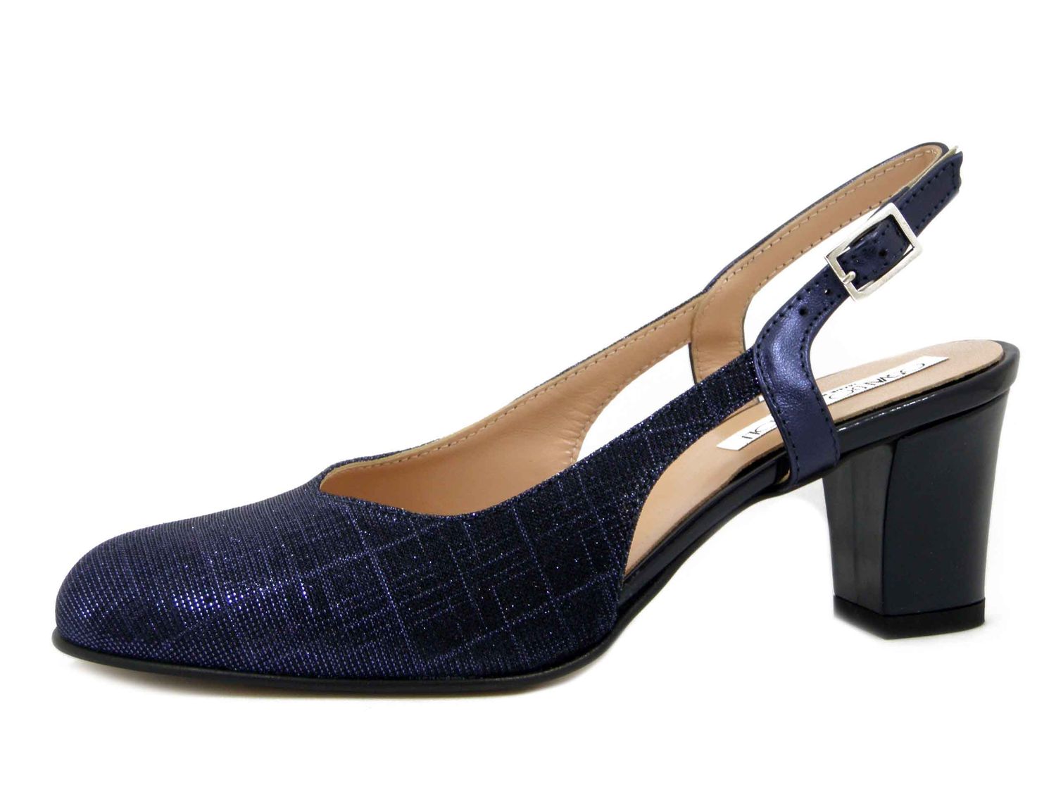 DecolletÃ© Sling Back in Pelle e Tessuto Glitter Blu, Tacco Medio 6 cm, Osvaldo Pericoli - E5R60