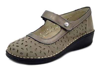 Scarpe Donna Ballerine con Strap in Pelle Beige, Linea Ortopedica, Pianta Larga e Plantare Estraibile, Zeppa Bassa, CINZIA SOFT - 2945E25