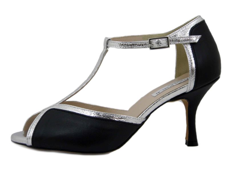 Sandali Donna Open Toe in Pelle Nero e Argento, Tacco Medio 7 cm, Osvaldo Pericoli - 25011