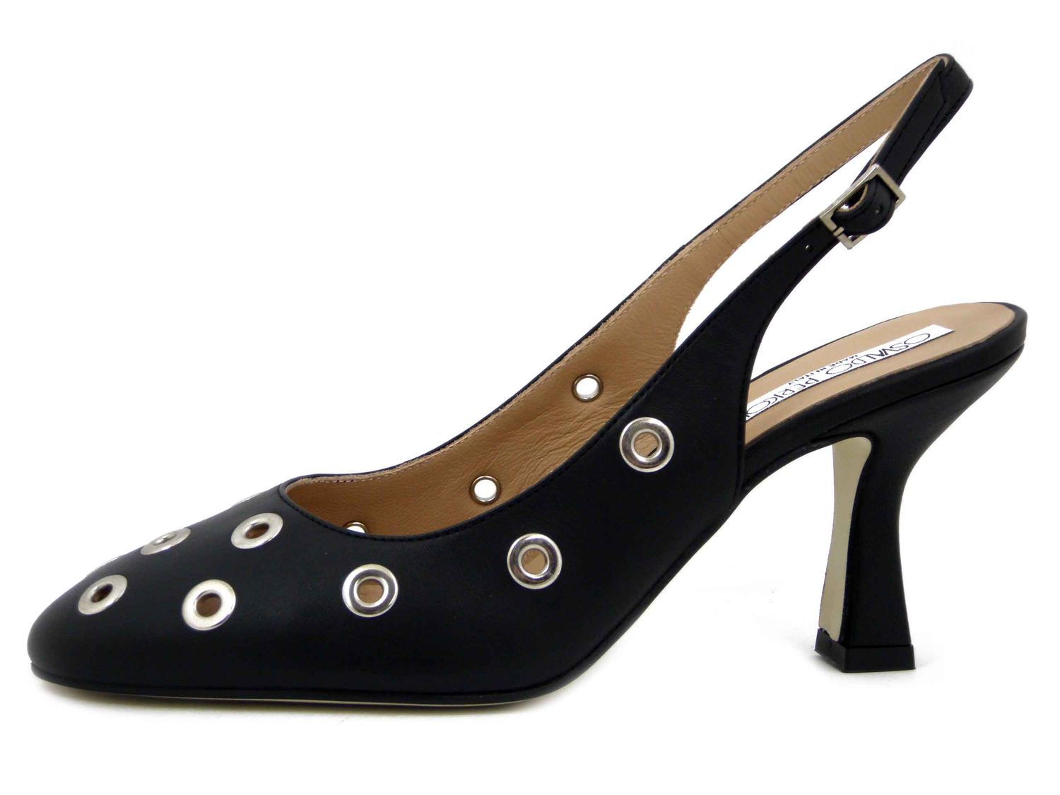 Decolleté Sling Back in Pelle Nappa Nero con Borchie, Tacco Medio 7 cm, Osvaldo Pericoli - CAS76