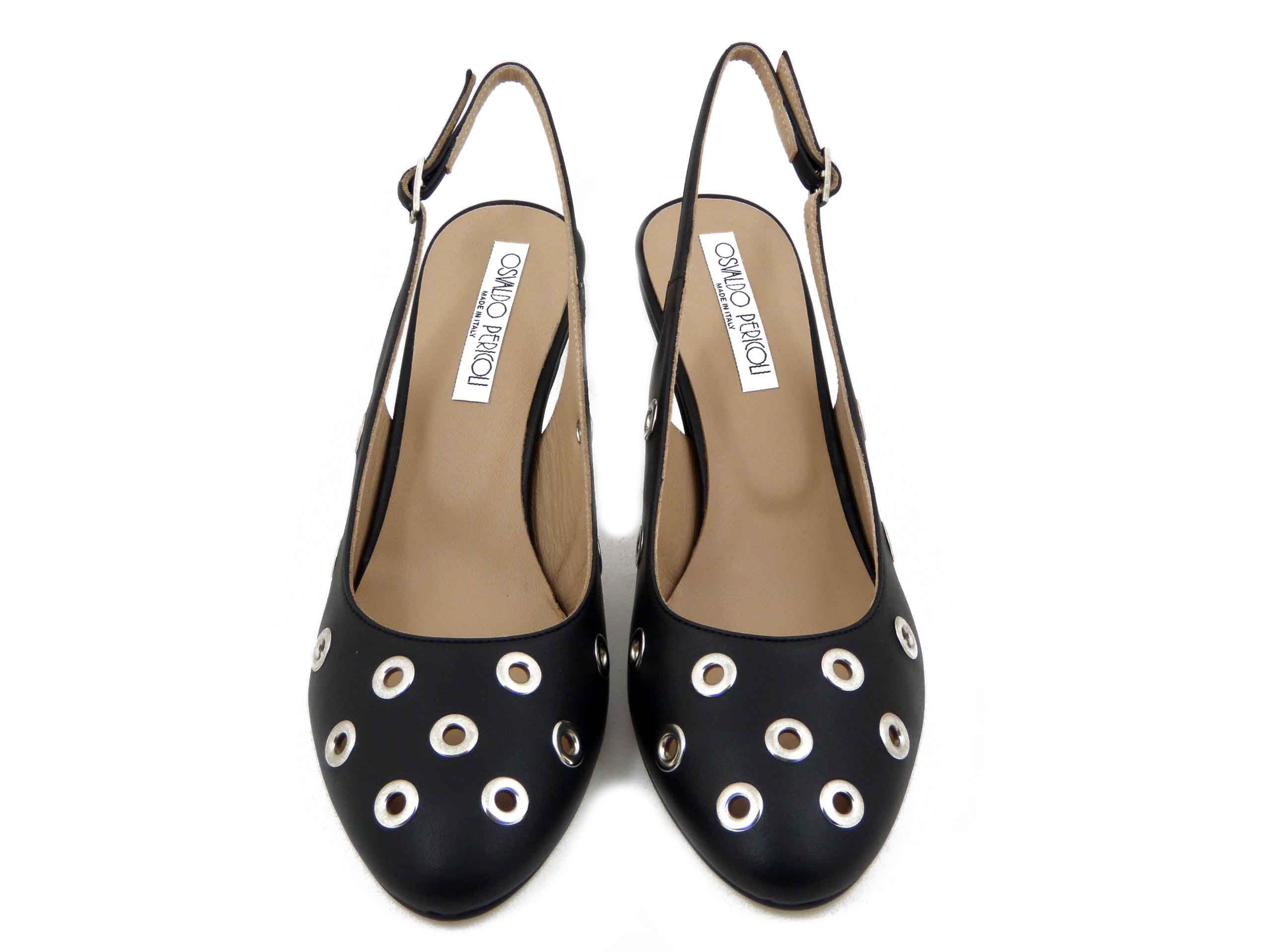 Decolleté Sling Back in Pelle Nappa Nero con Borchie, Tacco Medio 7 cm, Osvaldo Pericoli - CAS76