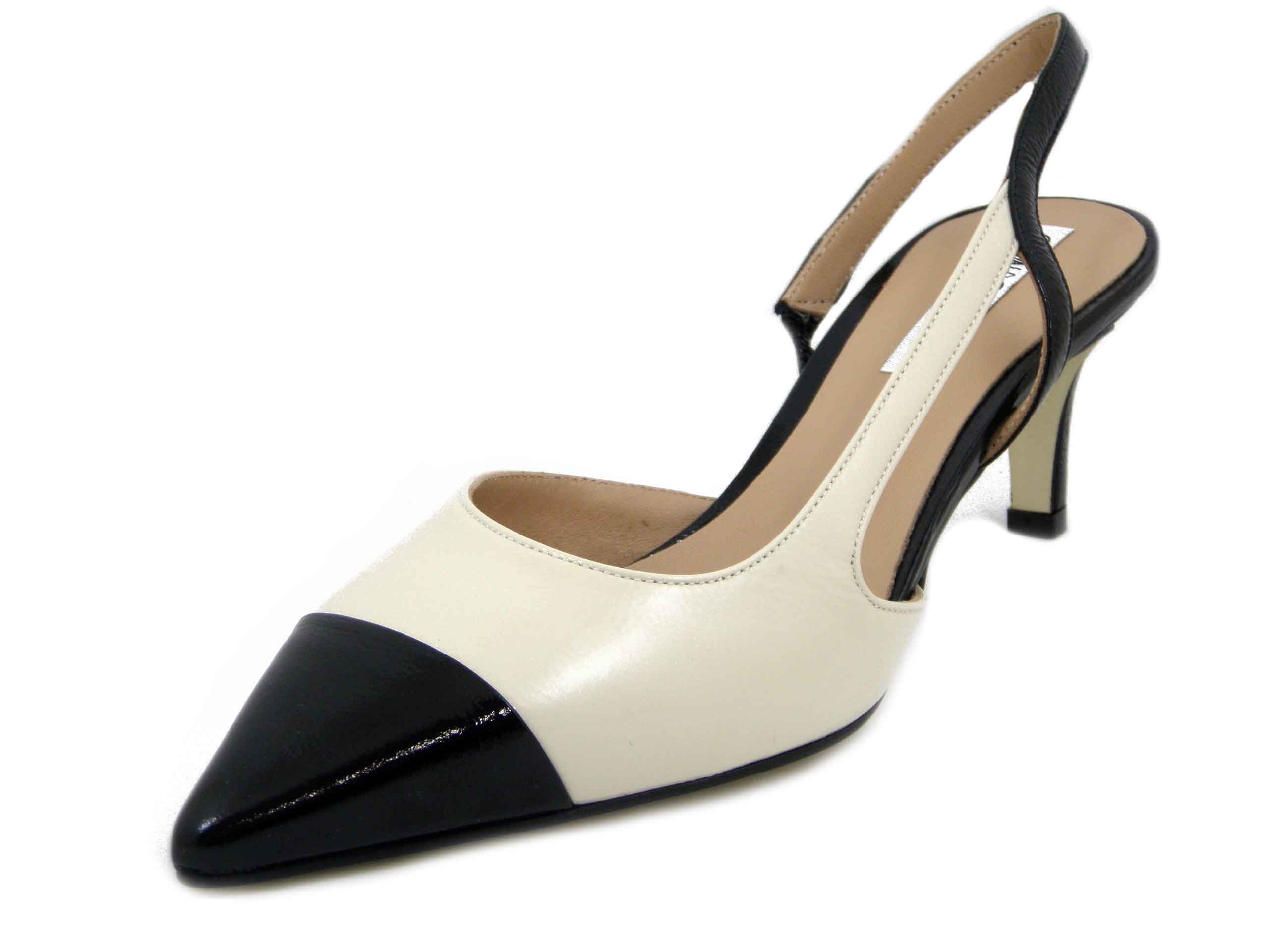 Decolleté Sling Back in Pelle Lucida Beige e Nero, Tacco Medio 6 cm, Osvaldo Pericoli - 5002