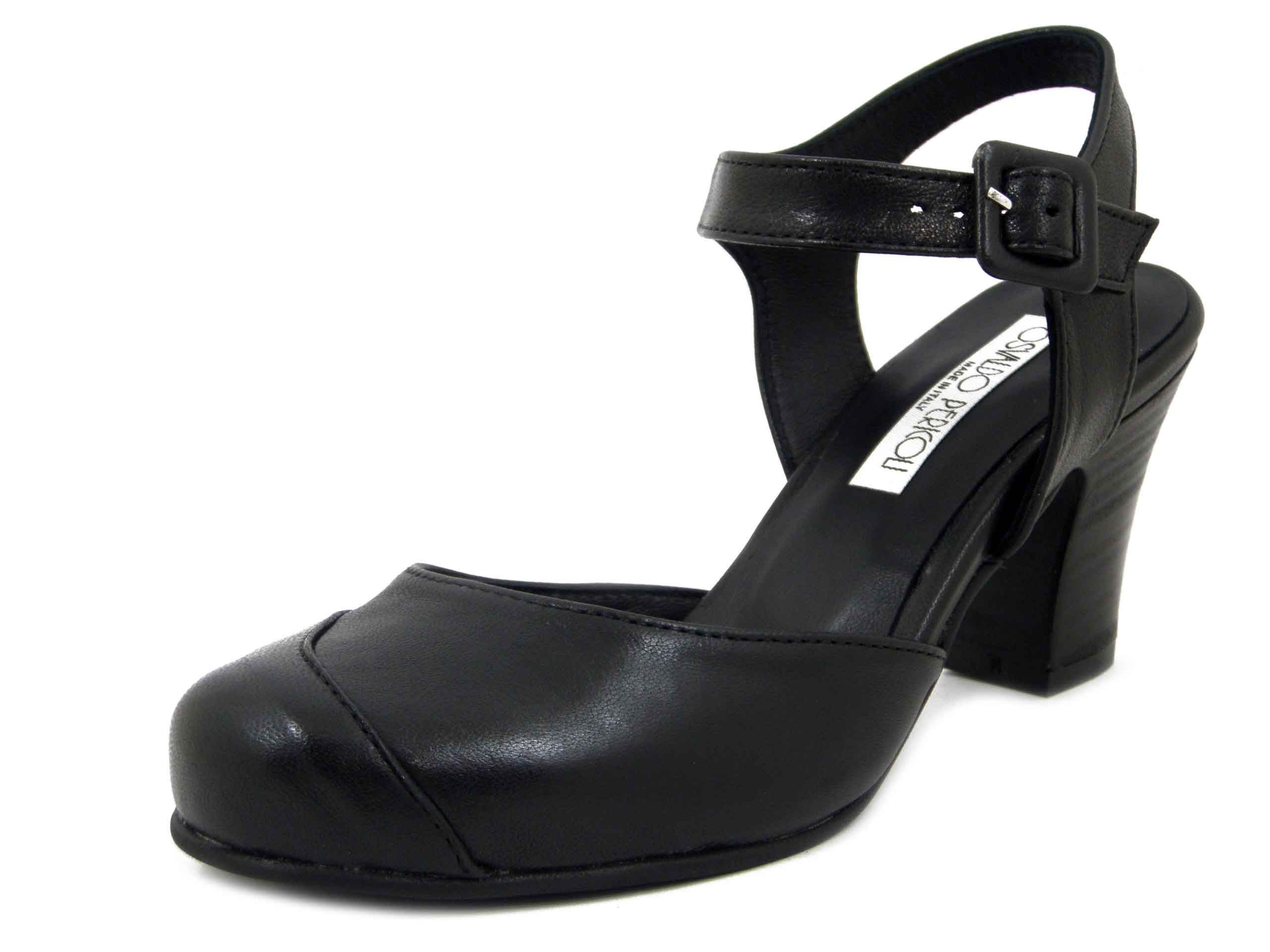 Scarpe Donna DecolletÃ© Aperte con Cinturino in Pelle Nero, Tacco Medio 7 cm, Osvaldo Pericoli - 759