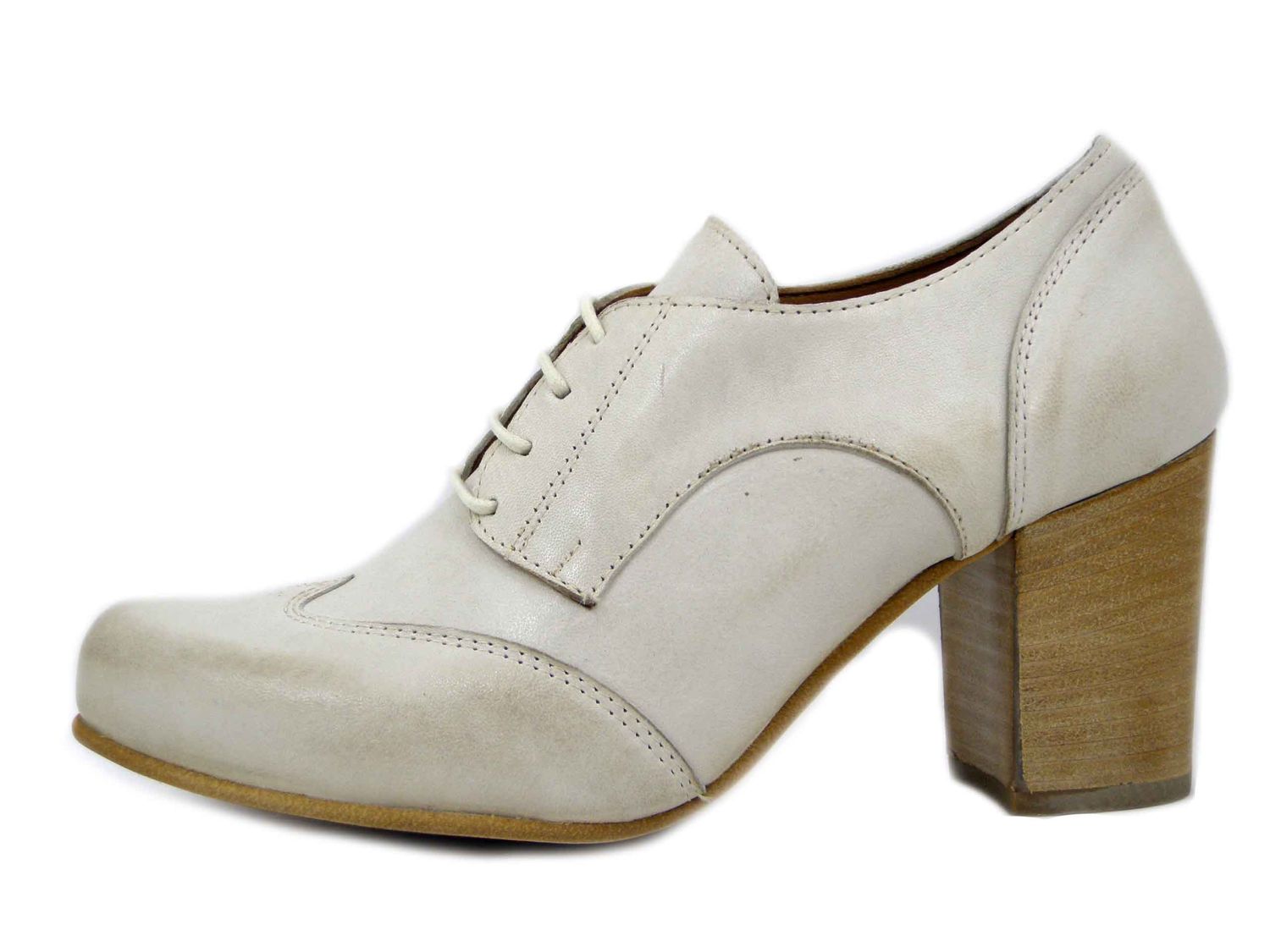 Francesine Donna Scarpe Stringate in Pelle Beige, Tacco Medio 7 cm, Osvaldo Pericoli - FR75