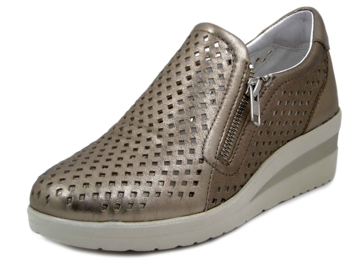 Sneakers Mocassino Donna Comfort in Pelle Beige Bronzo, Zeppa Media, Plantare Estraibile - RITA103