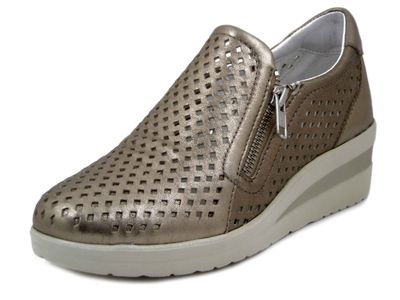 Sneakers Mocassino Donna Comfort in Pelle Beige Bronzo, Zeppa Media, Plantare Estraibile - RITA103