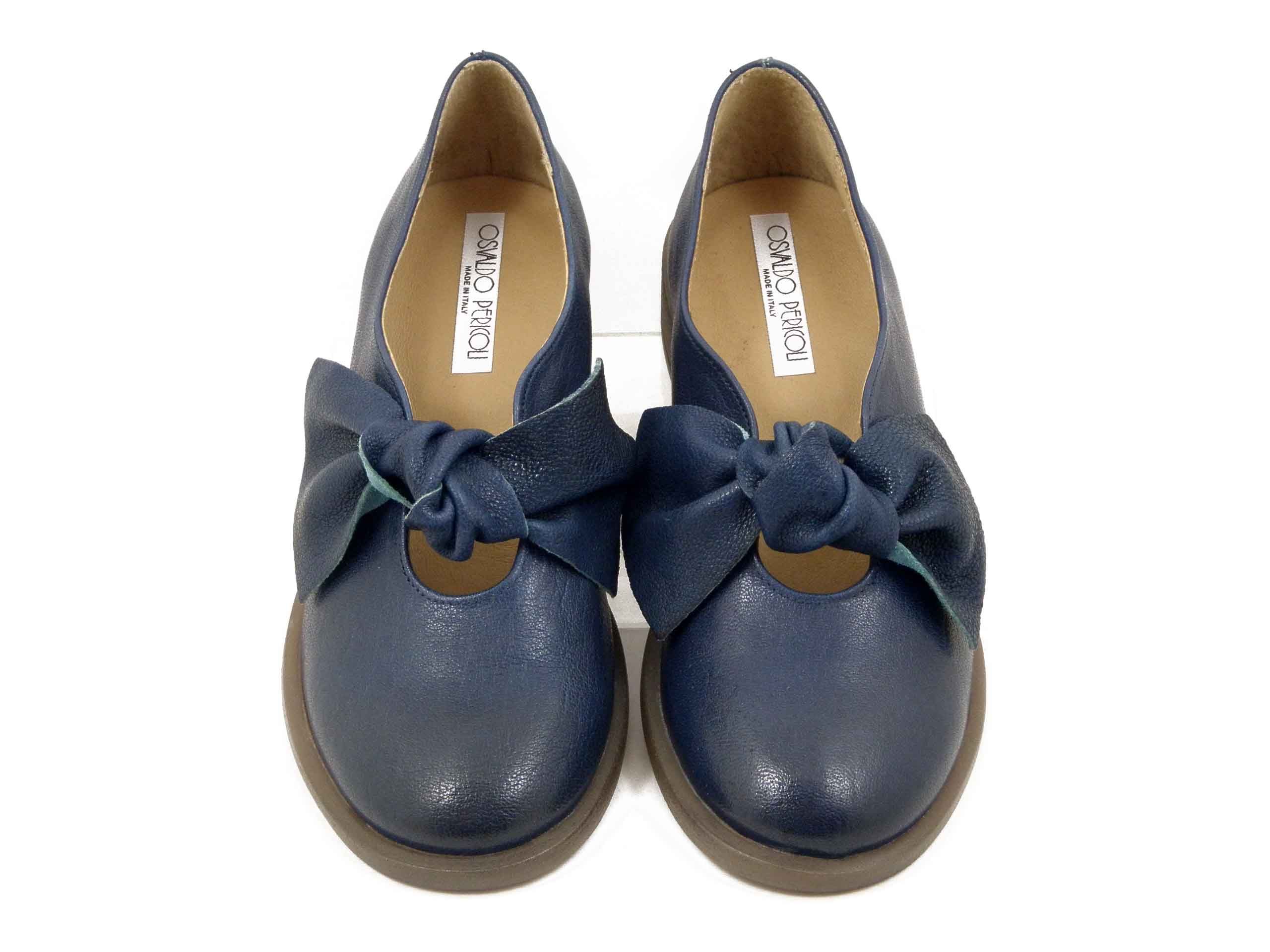 Ballerine Donna in Pelle Blu con Fiocco, Tacco Basso, Osvaldo Pericoli - LONDRA53