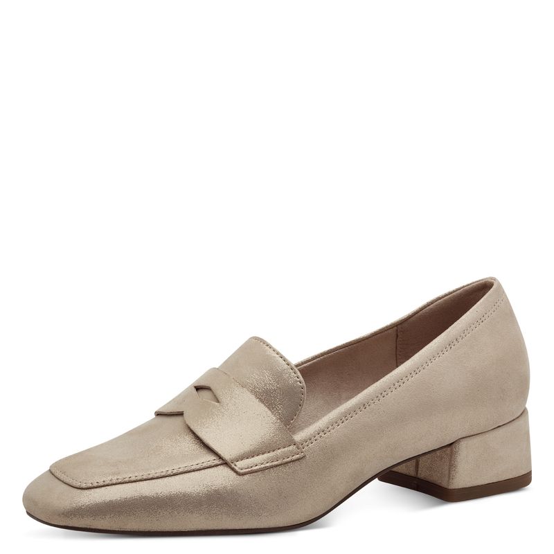 Mocassini Donna in Pelle Beige Champagne, Tacco Basso 3 cm, Tamaris - 24309
