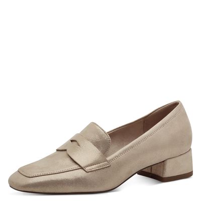 Mocassini Donna in Pelle Beige Champagne, Tacco Basso 3 cm, Tamaris - 24309