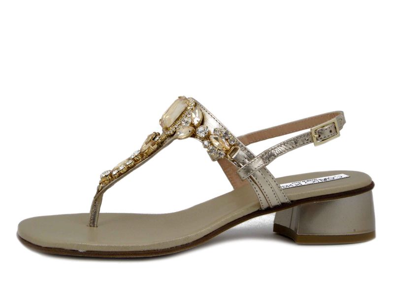 Sandali Donna Infradito Gioiello in Pelle Oro, Tacco Basso 3 cm, Osvaldo Pericoli - E5POSIC1