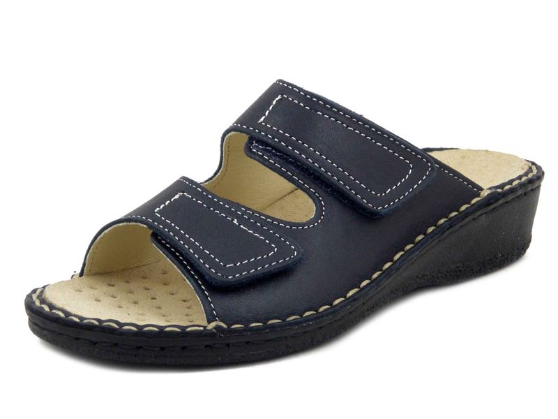 Ciabatte Comfort Linea Ortopedica in Pelle Blu, Doppio Strap, Plantare Estraibile, Zeppa Bassa, CINZIA SOFT - 2412DN