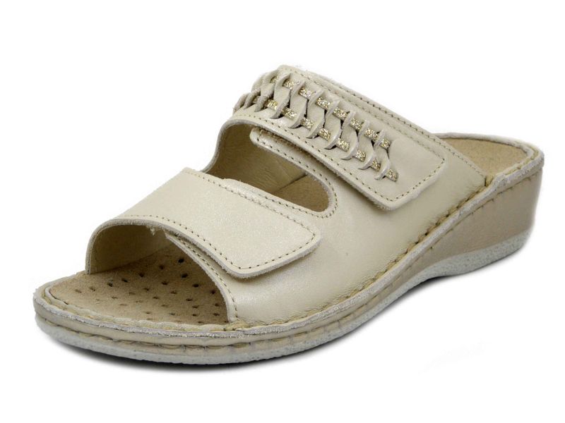 Ciabatte Comfort Linea Ortopedica in Pelle Beige, Doppio Strap, Plantare Estraibile, Zeppa Bassa, CINZIA SOFT - 2412ZWD