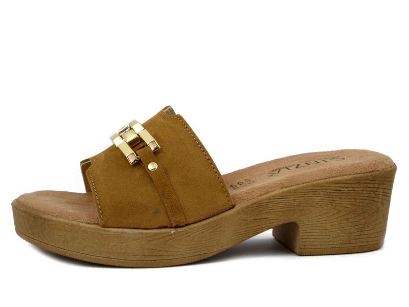 Ciabatte Zoccoli Donna in Camoscio Marrone Cuoio, Tacco Medio 5 cm e Plateau, CINZIA SOFT - 8977