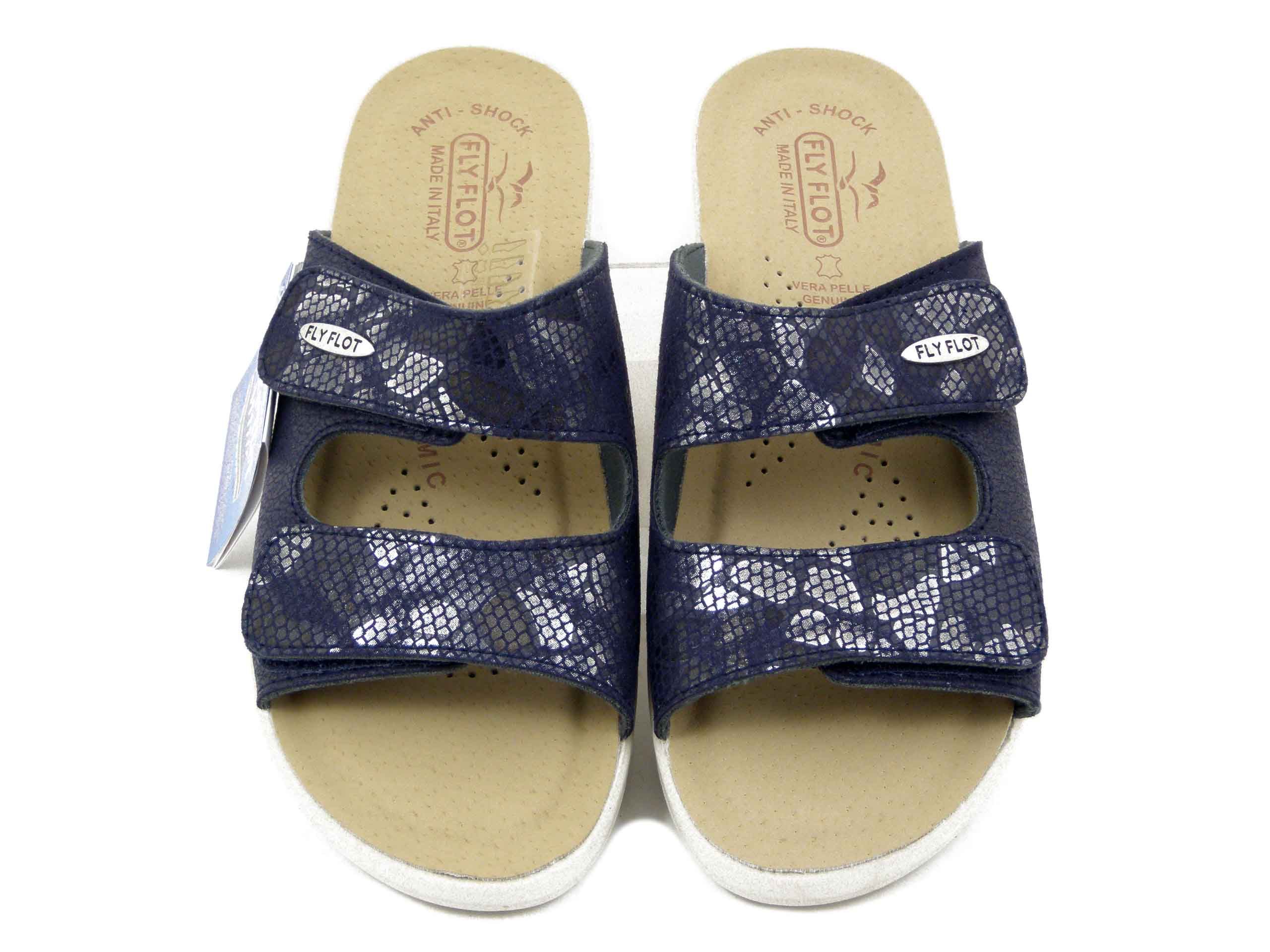 Ciabatte Donna in Eco Pelle Bianco, Doppio Strap, Sottopiede in Vera Pelle, FlyFlot - T5B18BLU