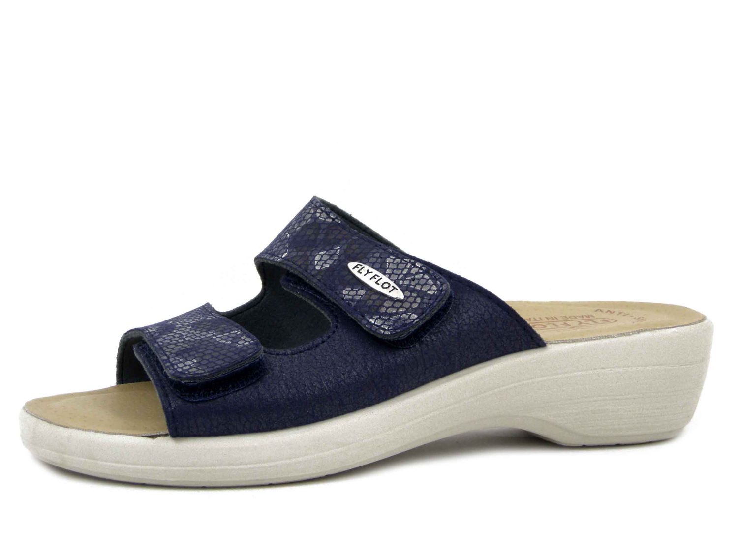 Ciabatte Donna in Eco Pelle Bianco, Doppio Strap, Sottopiede in Vera Pelle, FlyFlot - T5B18BLU