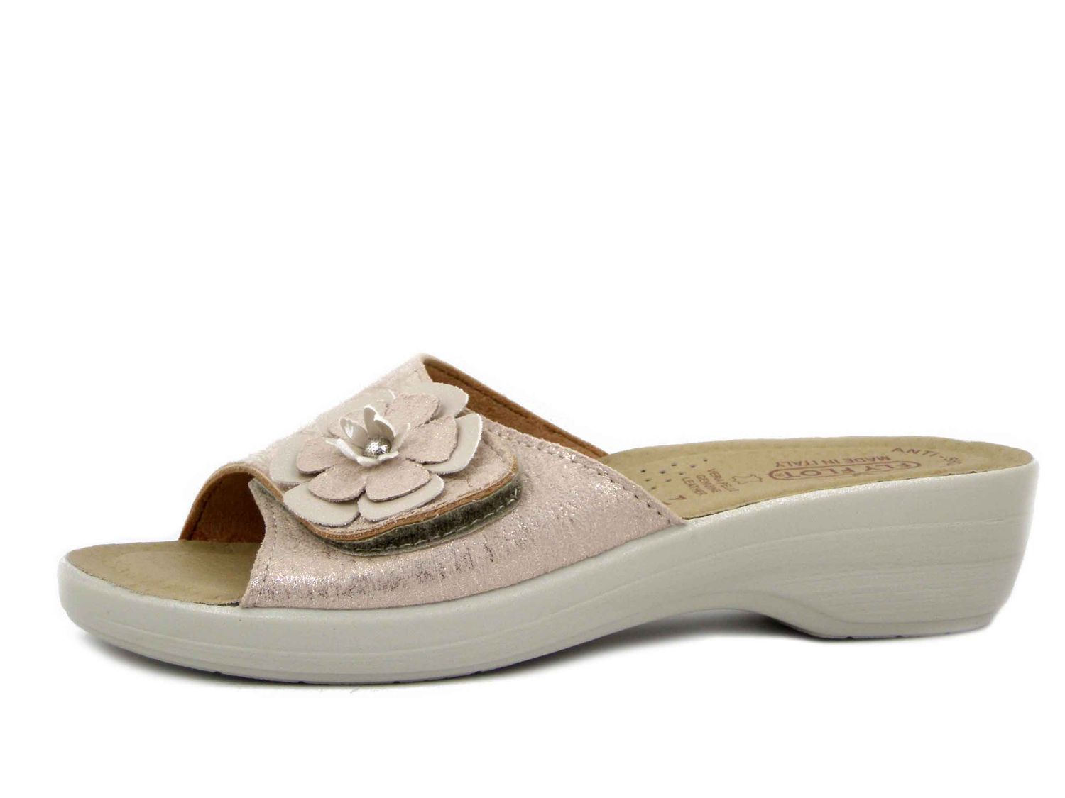 Ciabatte Donna in Eco Pelle Beige con Strap, Sottopiede in Vera Pelle, FlyFlot - T5K40