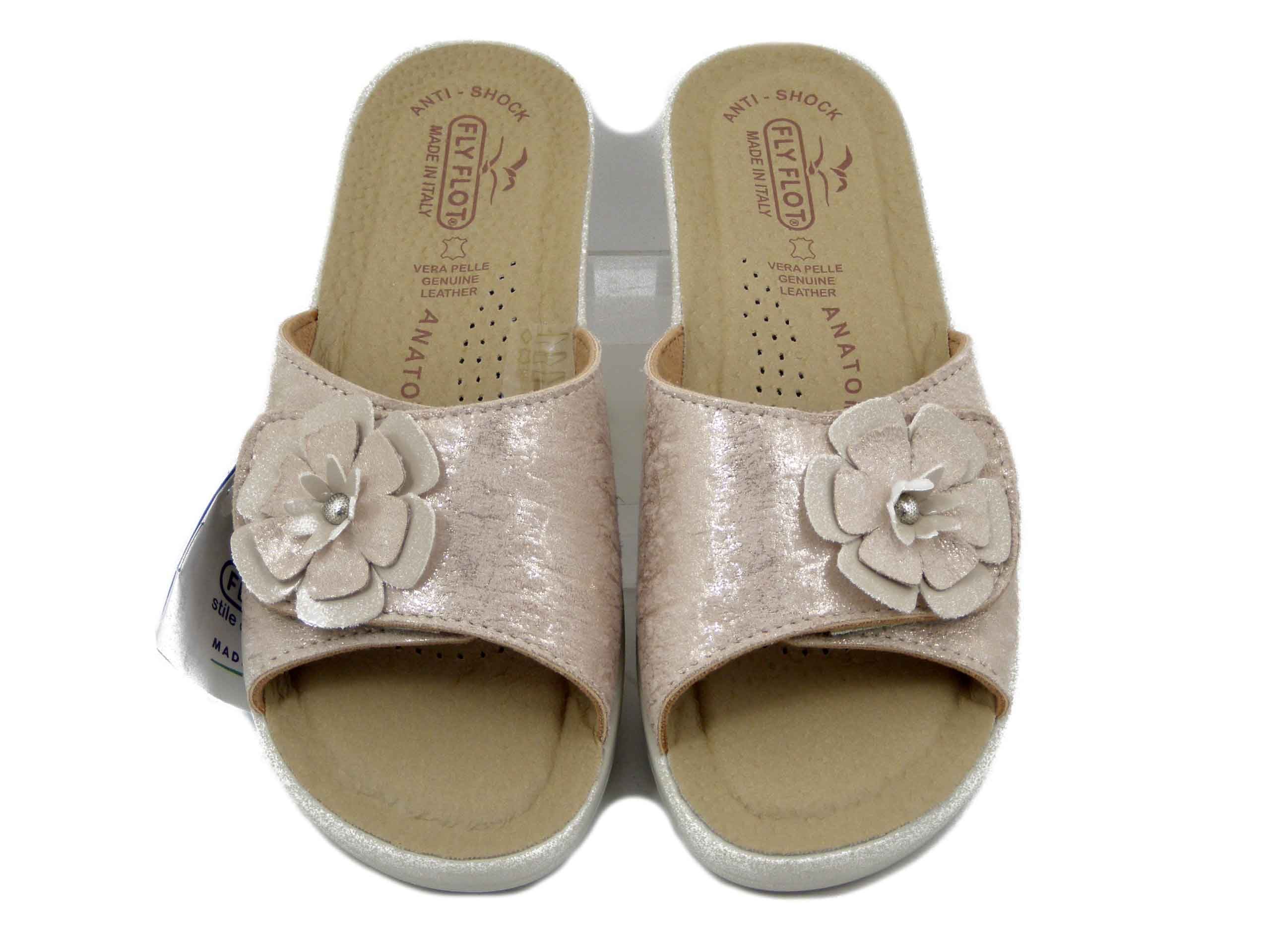 Ciabatte Donna in Eco Pelle Beige con Strap, Sottopiede in Vera Pelle, FlyFlot - T5K40