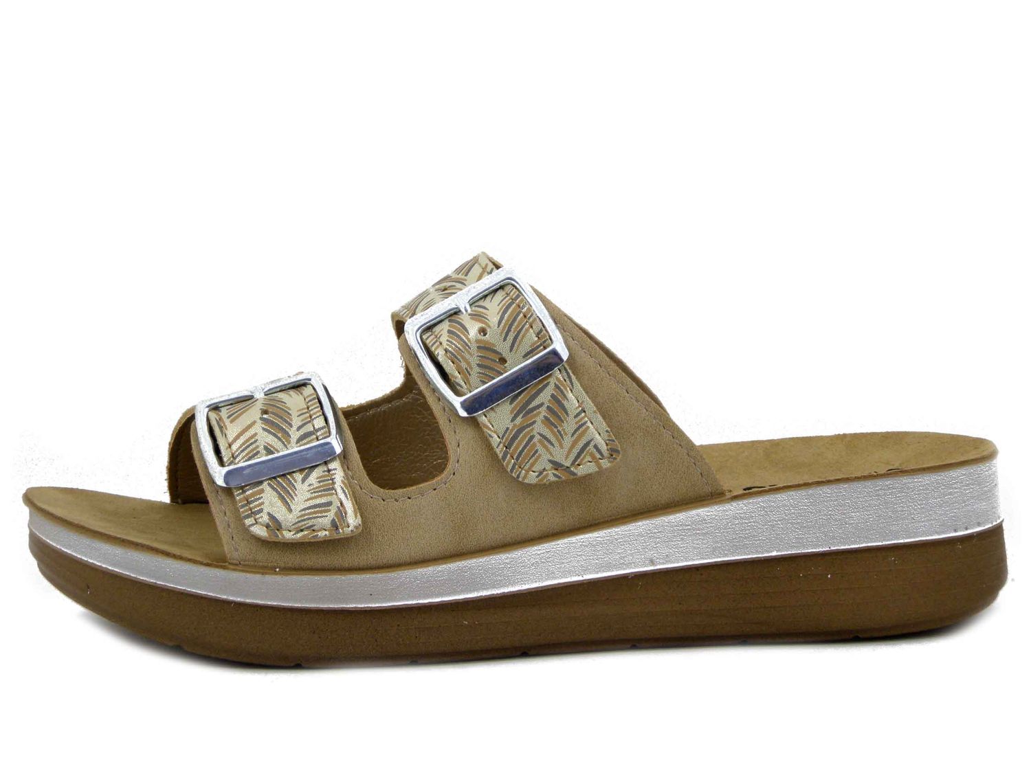 Ciabatta Donna in Eco Pelle Beige con Fibbie, Sottopiede Vera Pelle, Zeppa Bassa 4 cm,  INBLU - FT19