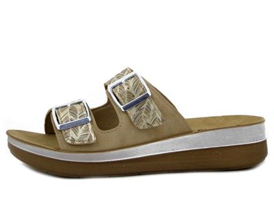 Ciabatta Donna in Eco Pelle Beige con Fibbie, Sottopiede Vera Pelle, Zeppa Bassa 4 cm,  INBLU - FT19