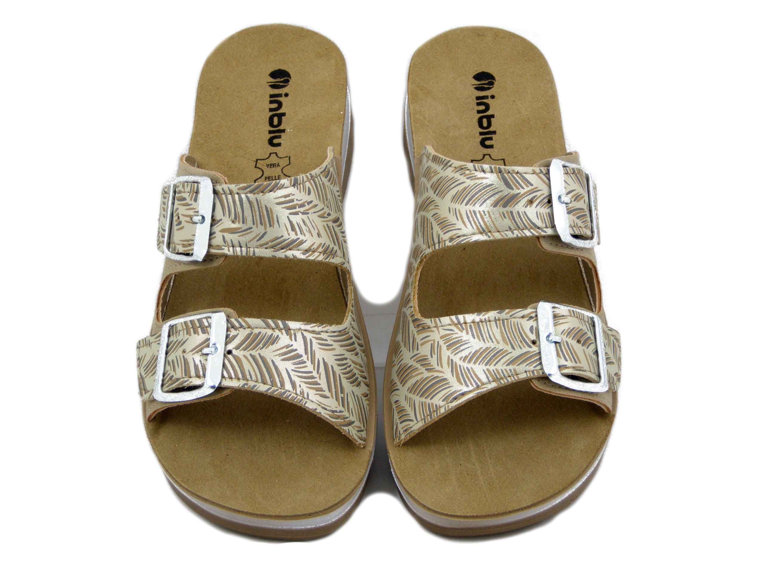 Ciabatta Donna in Eco Pelle Beige con Fibbie, Sottopiede Vera Pelle, Zeppa Bassa 4 cm,  INBLU - FT19