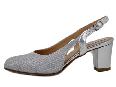 DecolletÃ© Sling Back in Pelle e Tessuto Glitter Argento, Tacco Medio 6 cm, Osvaldo Pericoli - E5R60