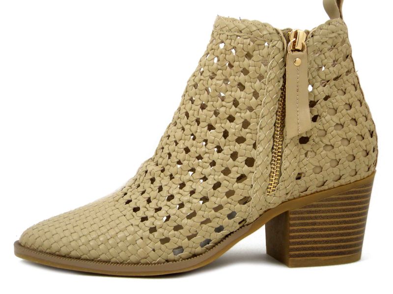 Stivaletti Donna Estivi in Pelle Intrecciata Beige, Tacco Medio 6 cm, CARMELA - 162344