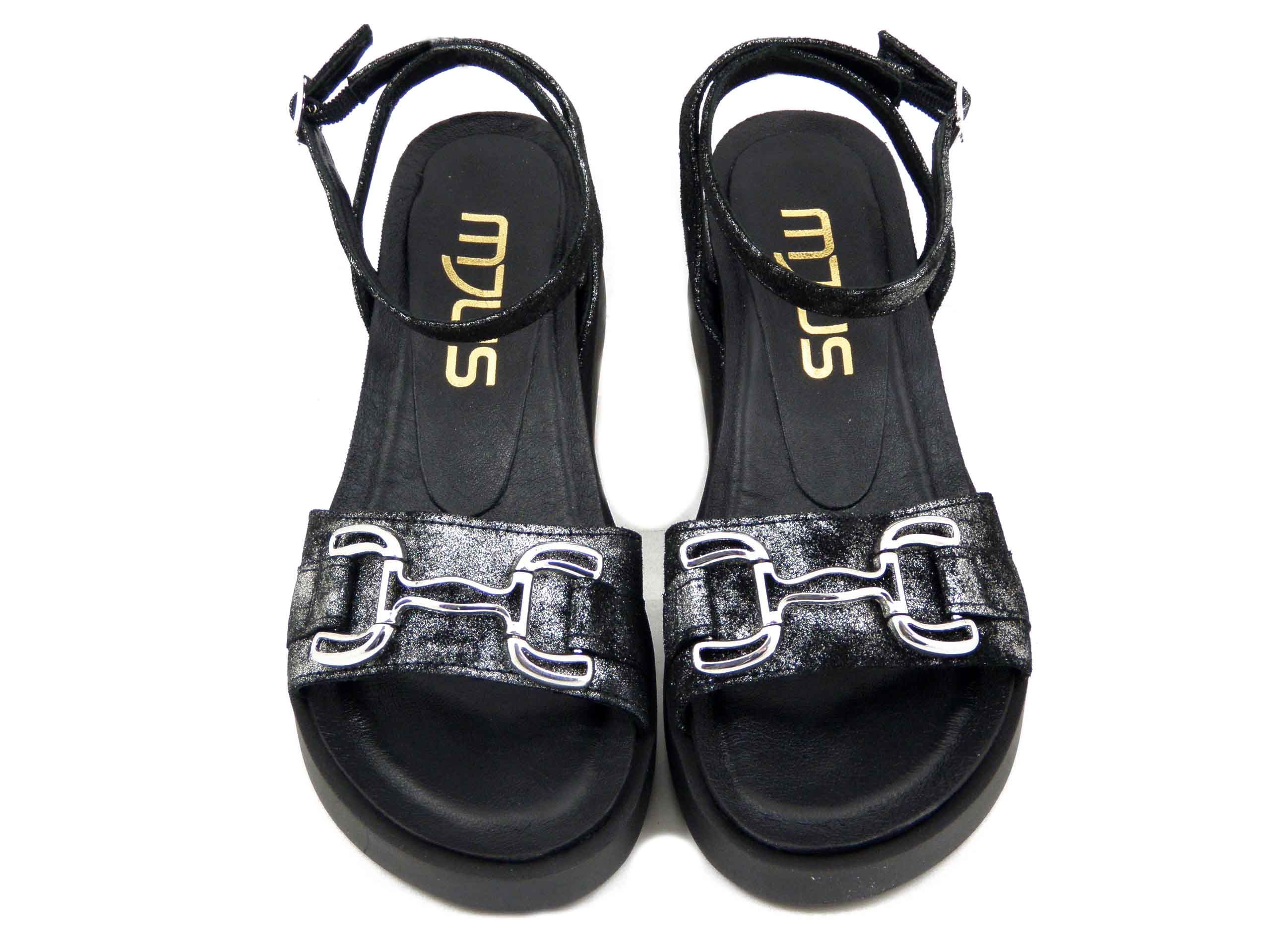 Sandali Donna in Pelle Nero Laminato, Zeppa Media, MJUS - T18029