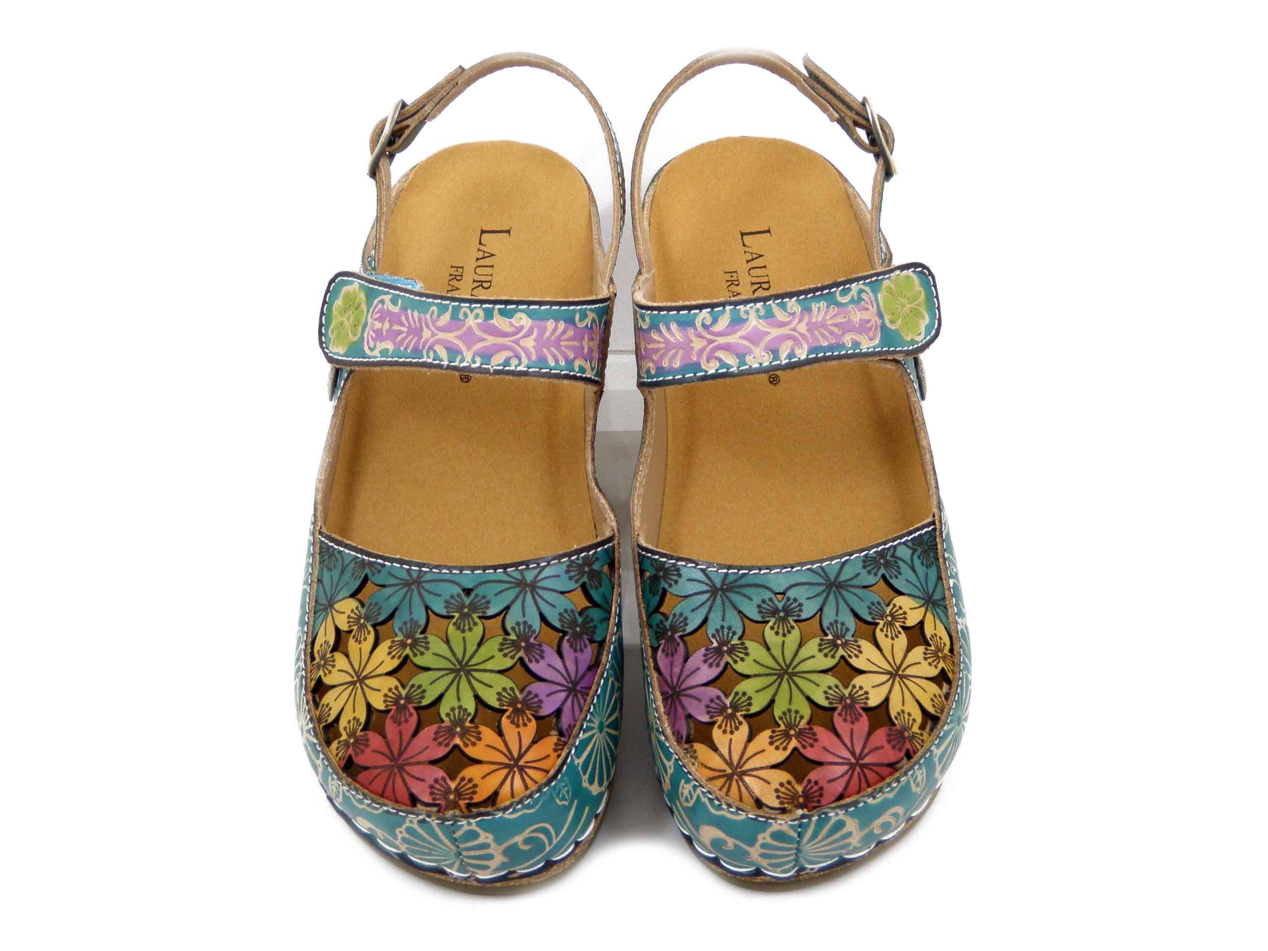 Sabot Donna in Pelle Turchese e Multicolore, Zeppa Media 5 cm, LAURA VITA - FASCINEO0121