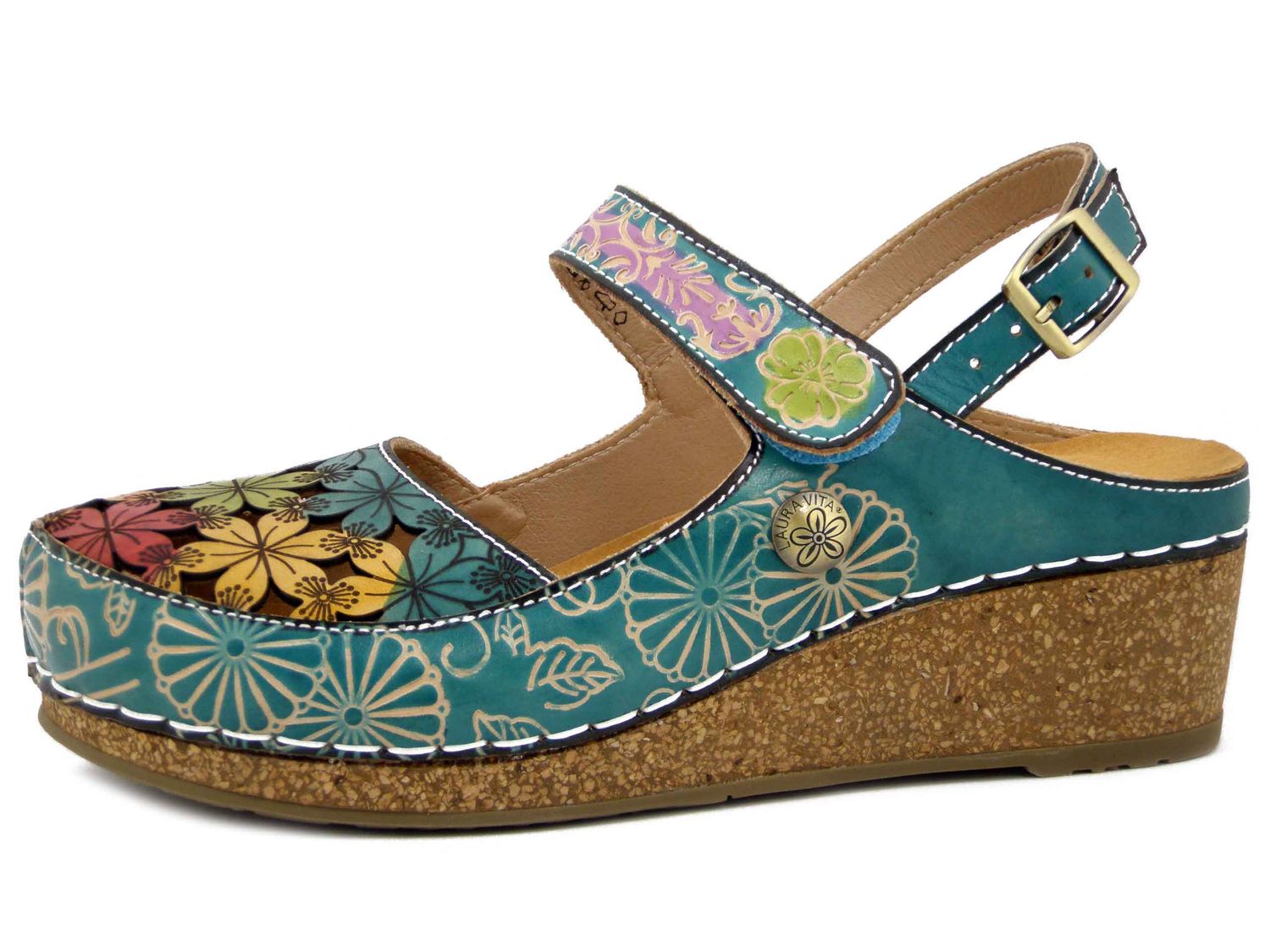 Sabot Donna in Pelle Turchese e Multicolore, Zeppa Media 5 cm, LAURA VITA - FASCINEO0121