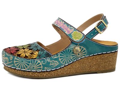 Sabot Donna in Pelle Turchese e Multicolore, Zeppa Media 5 cm, LAURA VITA - FASCINEO0121