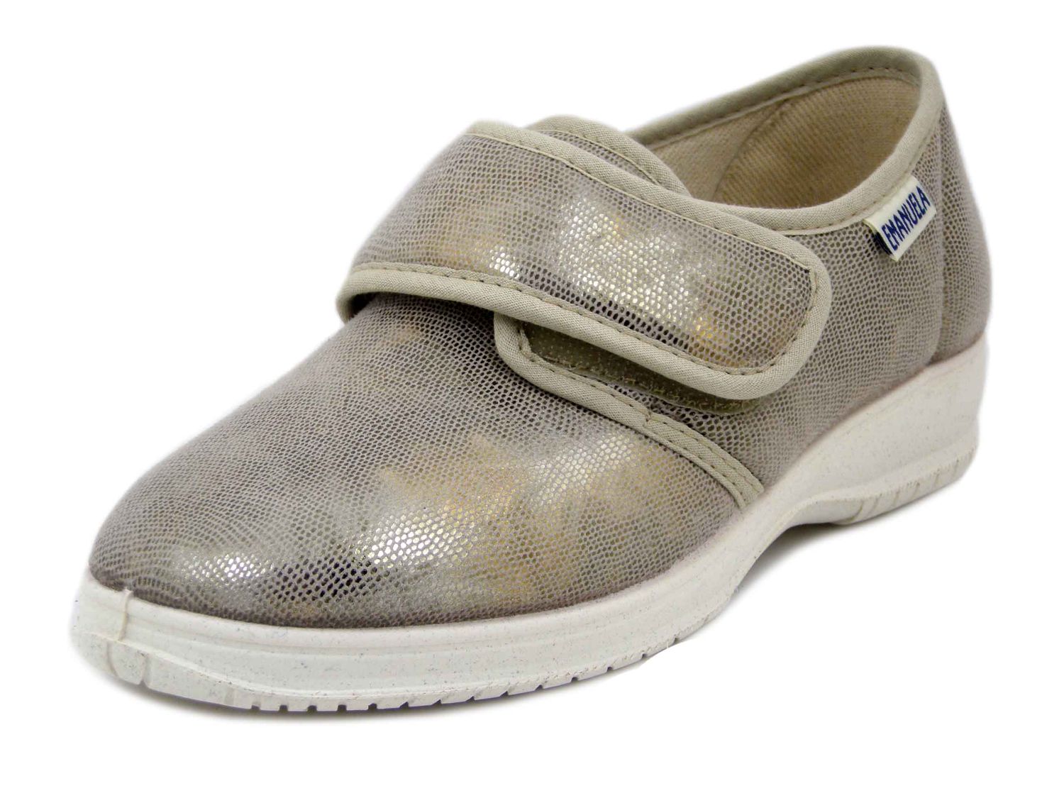 Scarpe Donna Comfort in Tessuto Elasticizzato Beige con Strap, Zeppa Bassa Antiscivolo, Sottopiede Estraibile, Emanuela - 2503