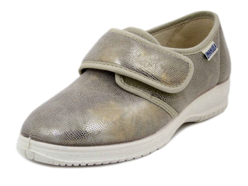 Scarpe Donna Comfort in Tessuto Elasticizzato Beige con Strap, Zeppa Bassa Antiscivolo, Sottopiede Estraibile, Emanuela - 2503