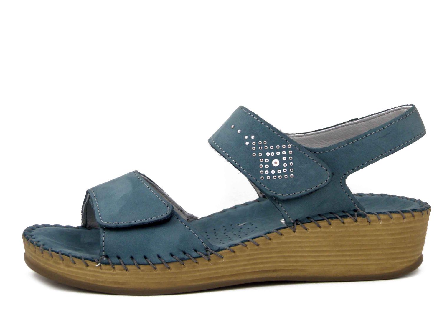 Sandali Donna in Pelle Blu con Doppio Strap, Zeppa Bassa, Pianta Comoda, Walk in The City - 38356