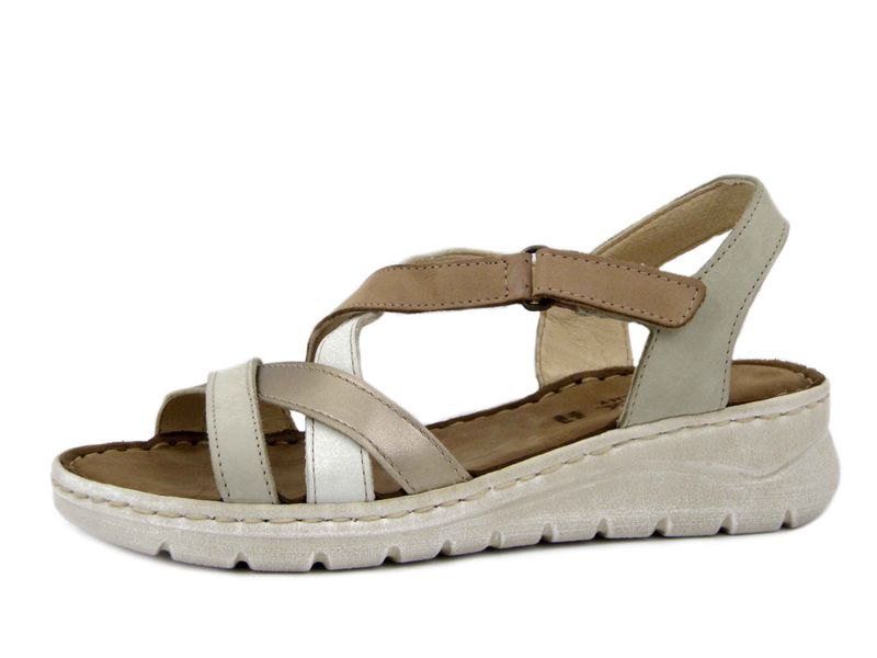 Sandali Donna in Pelle Beige con Strap, Zeppa Bassa, Pianta Comoda, Walk in The City - 47611