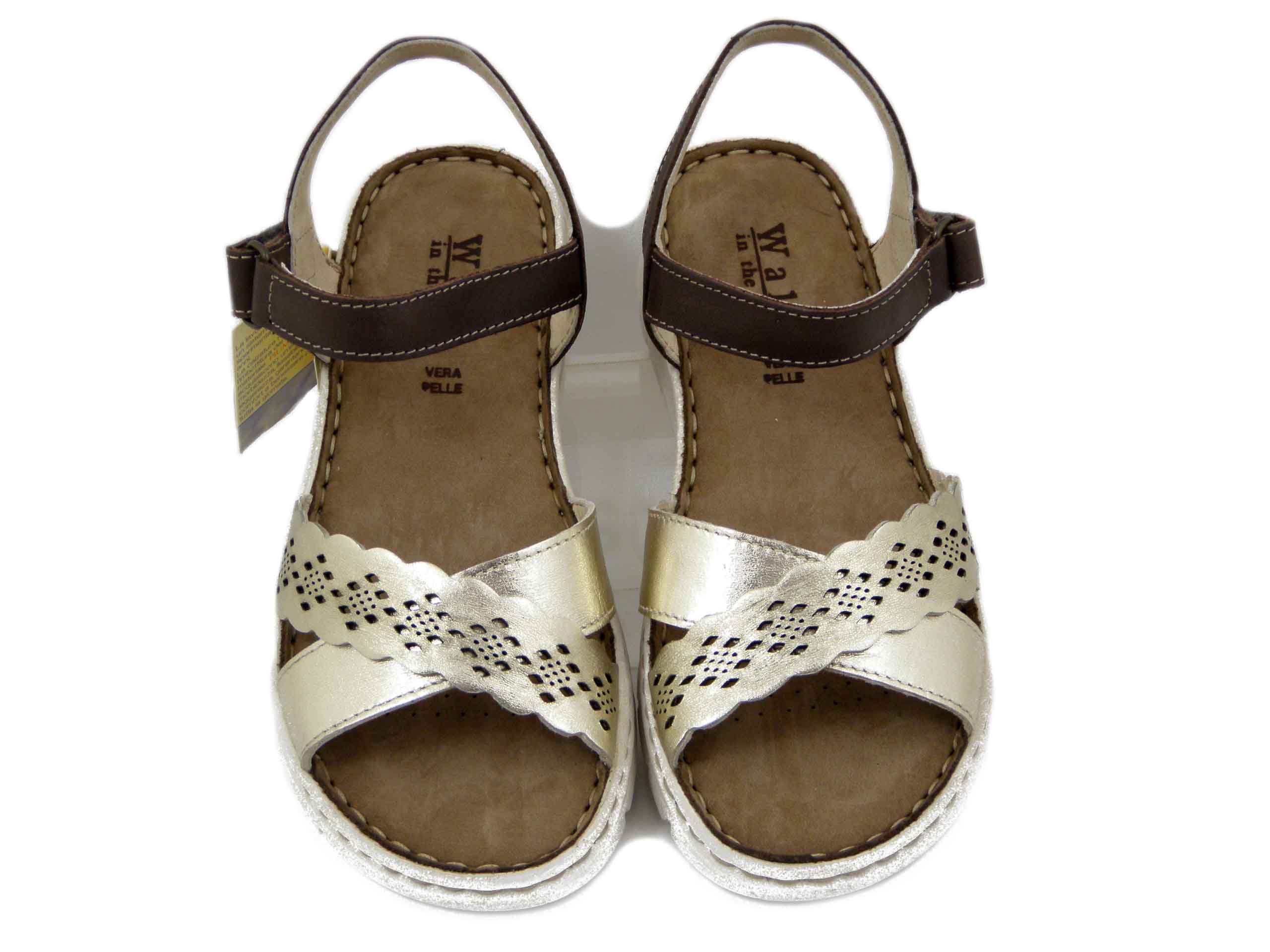 Sandali Donna in Pelle Oro e Marrone con Strap, Zeppa Bassa, Pianta Comoda, Walk in The City - 50431