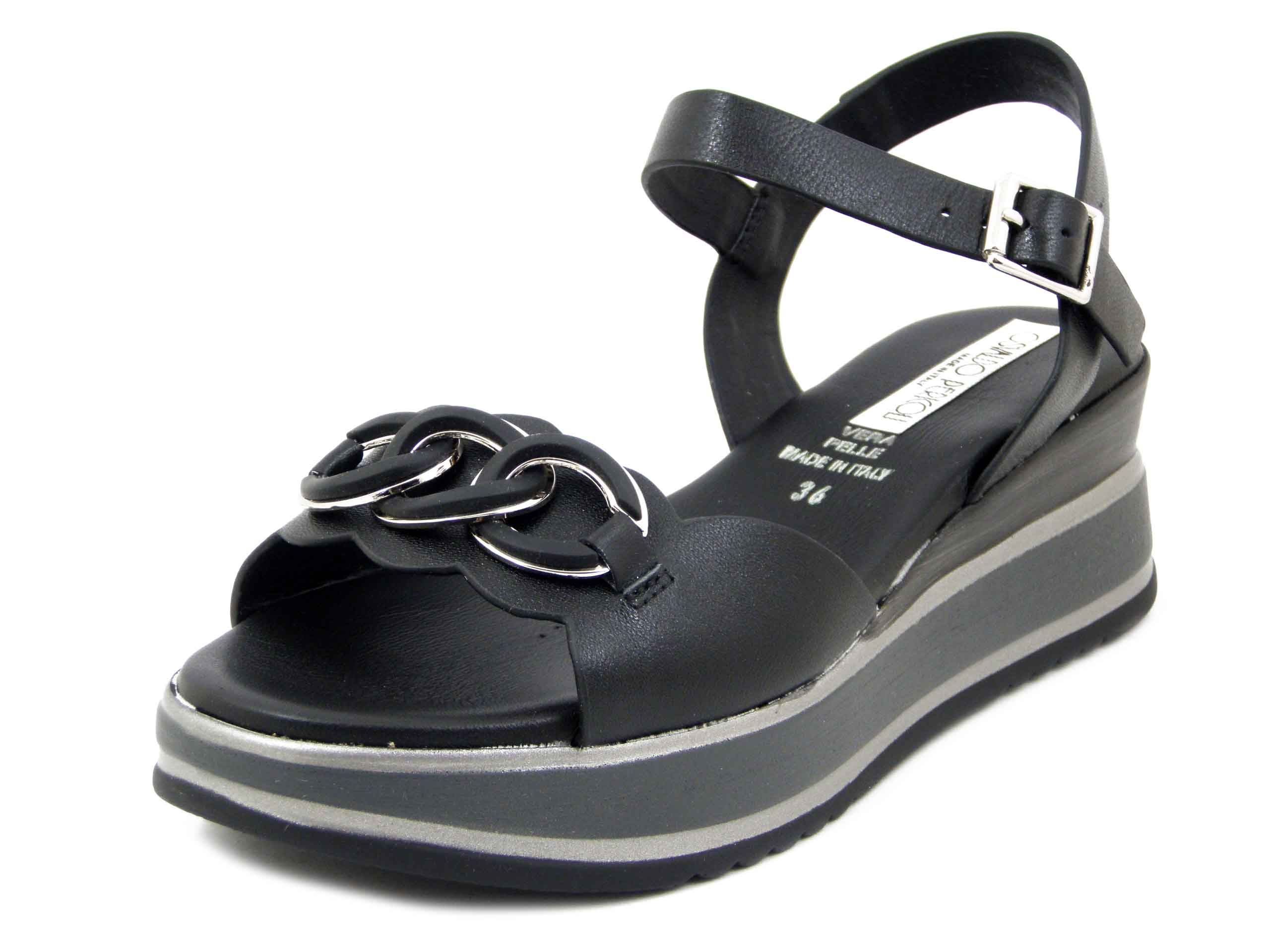 Sandali Donna in Pelle Nero, Zeppa Bassa 5 cm, Osvaldo Pericoli - 19234