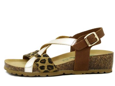 Sandali Donna in Pelle Marrone Oro e Animalier, Zeppa Bassa, BIONATURA - 12A826E25