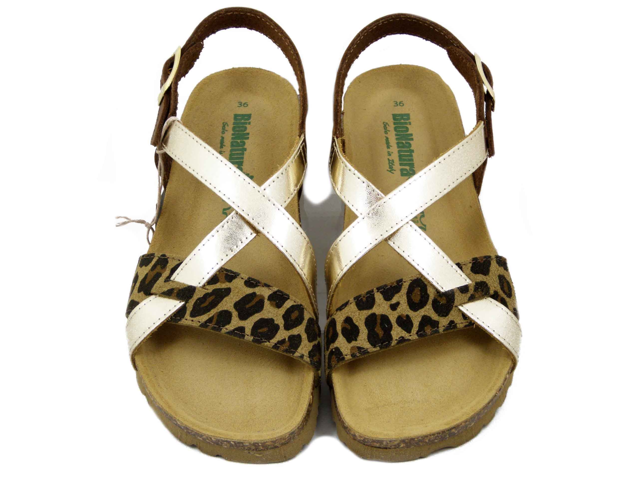 Sandali Donna in Pelle Marrone Oro e Animalier, Zeppa Bassa, BIONATURA - 12A826E25