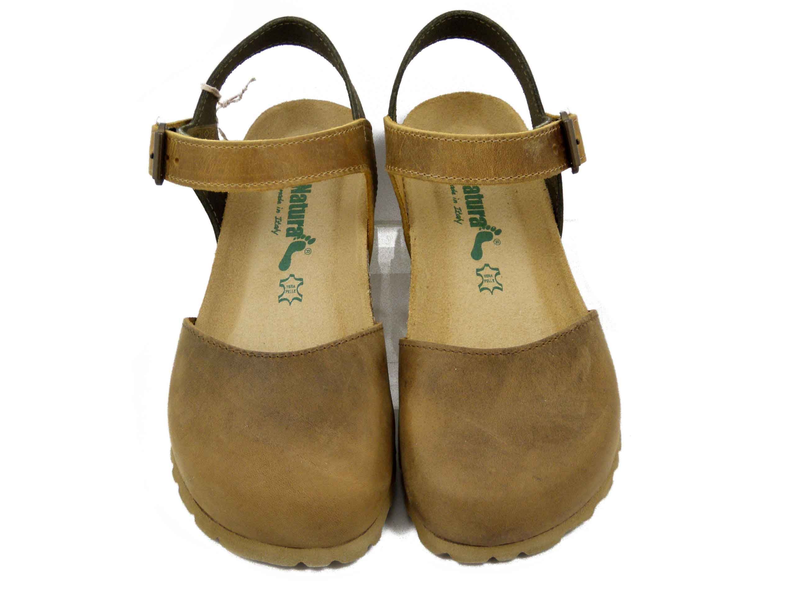 Sabot Donna con Cinturino in Pelle Marrone, Zeppa Bassa, BIONATURA - 12C2177E25