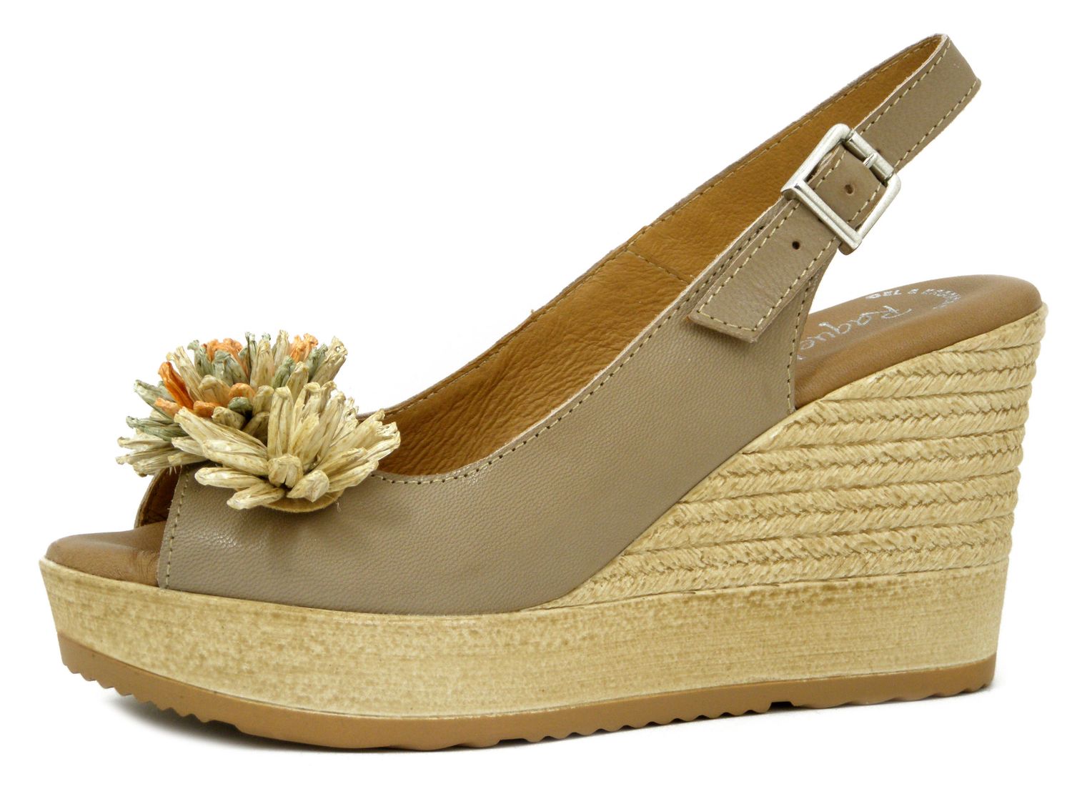 Sandali Donna in Pelle Beige con Fiore in Rafia, Zeppa Alta e Plateau, Raquel Perez - 22253