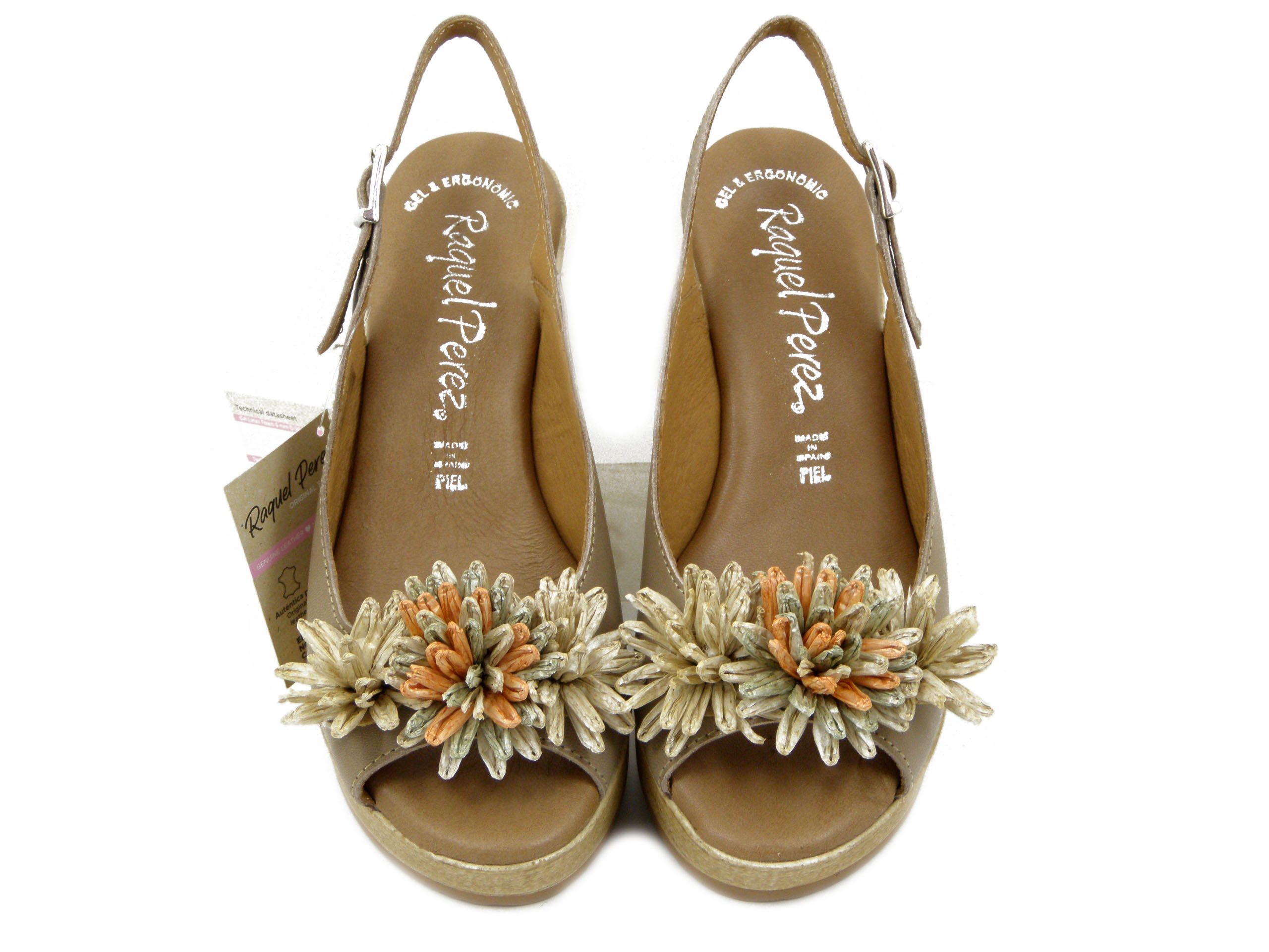 Sandali Donna in Pelle Beige con Fiore in Rafia, Zeppa Alta e Plateau, Raquel Perez - 22253