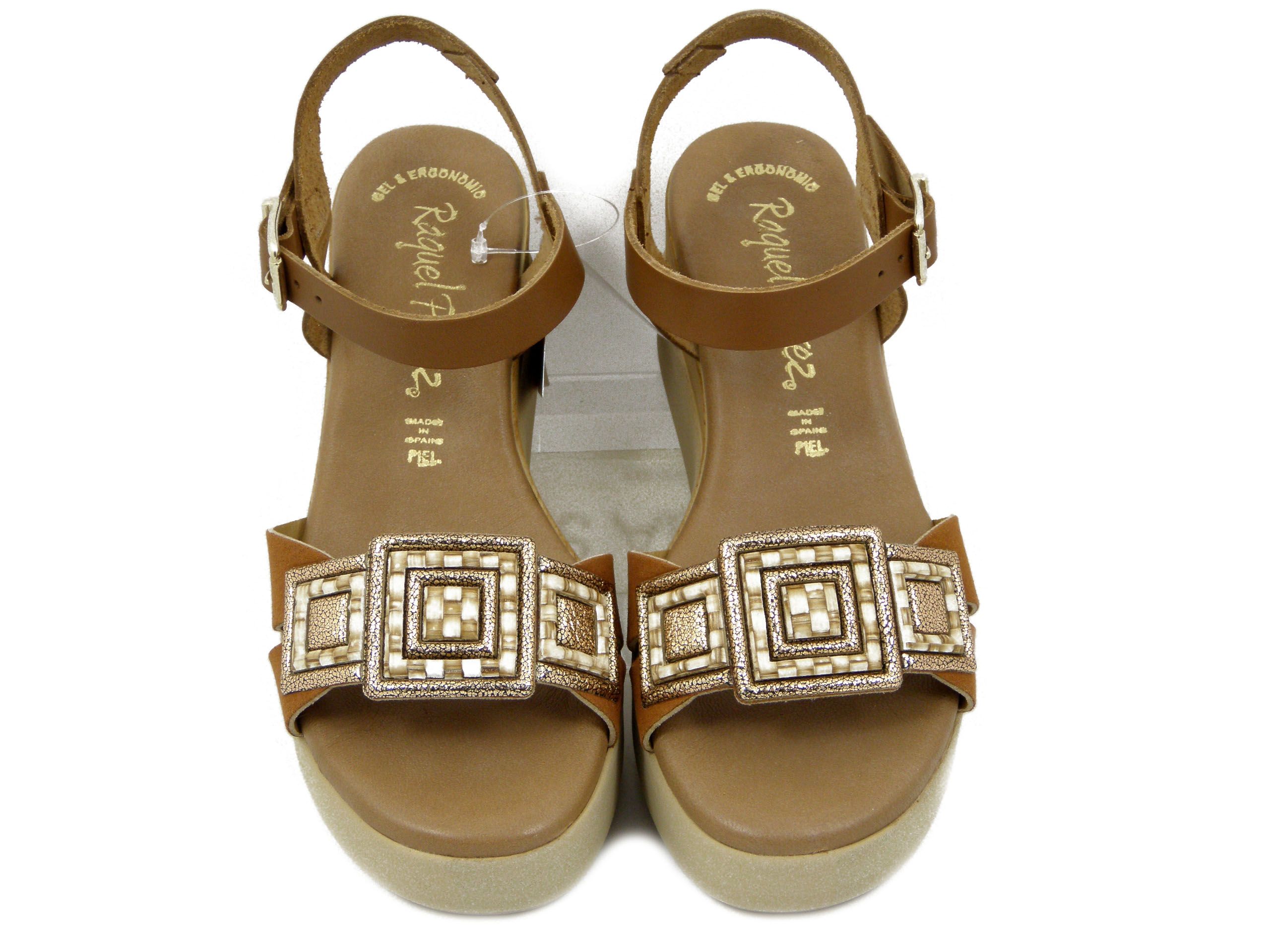 Sandali Donna in Pelle Marrone Cuoio, Zeppa Media e Plateau, Raquel Perez - 22217