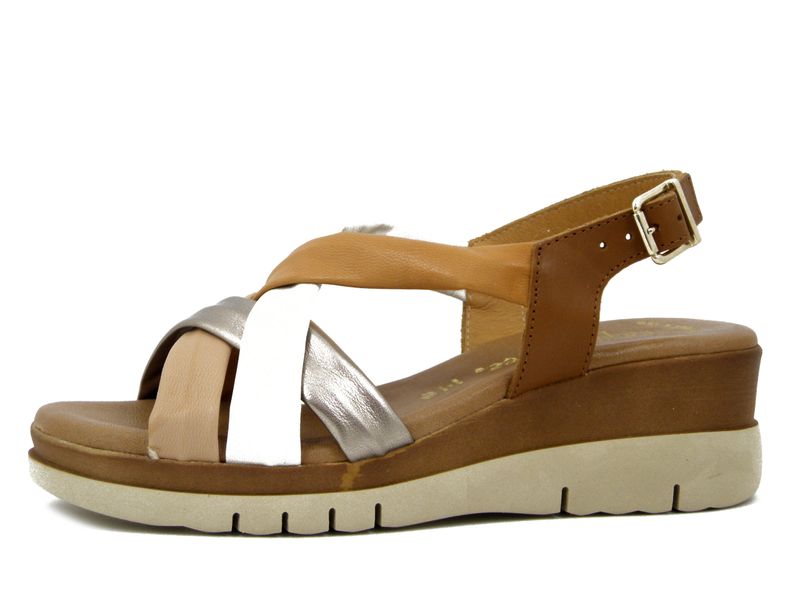 Sandali Donna in Pelle Marrone e Beige, Zeppa Media, Raquel Perez - CAMAVINGA