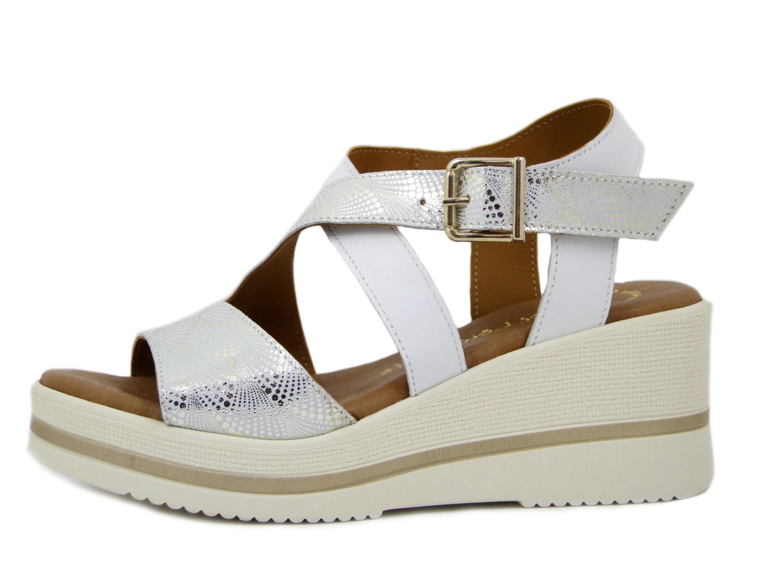 Sandali Donna in Pelle Bianco e Argento, Zeppa Media 6 cm, Raquel Perez - 22234