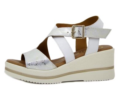 Sandali Donna in Pelle Bianco e Argento, Zeppa Media 6 cm, Raquel Perez - 22234