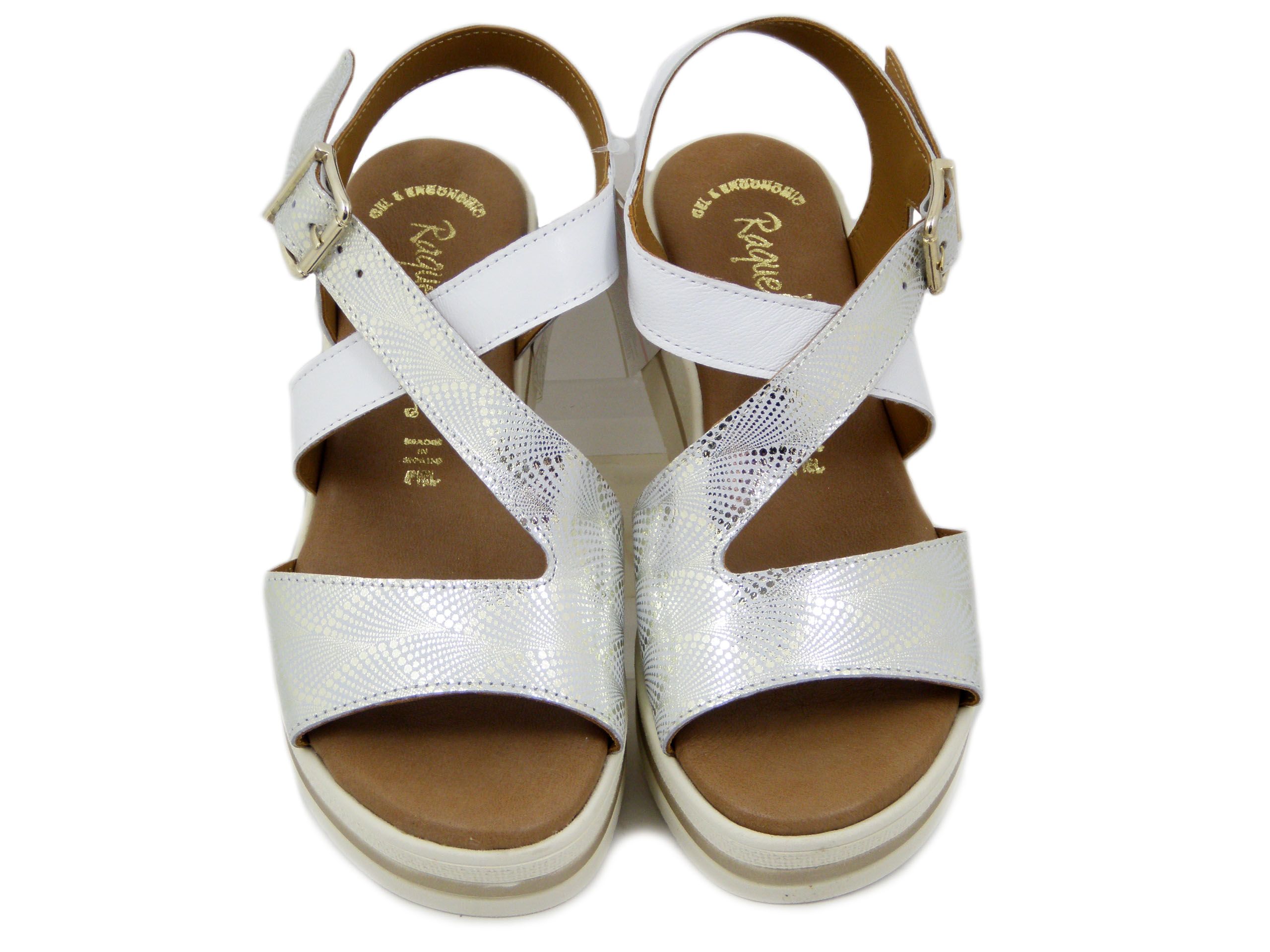 Sandali Donna in Pelle Bianco e Argento, Zeppa Media 6 cm, Raquel Perez - 22234