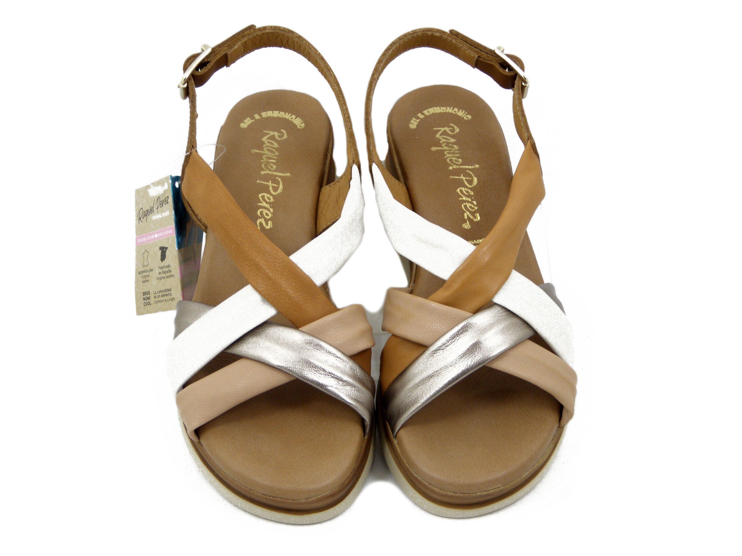 Sandali Donna in Pelle Marrone e Beige, Zeppa Media, Raquel Perez - CAMAVINGA