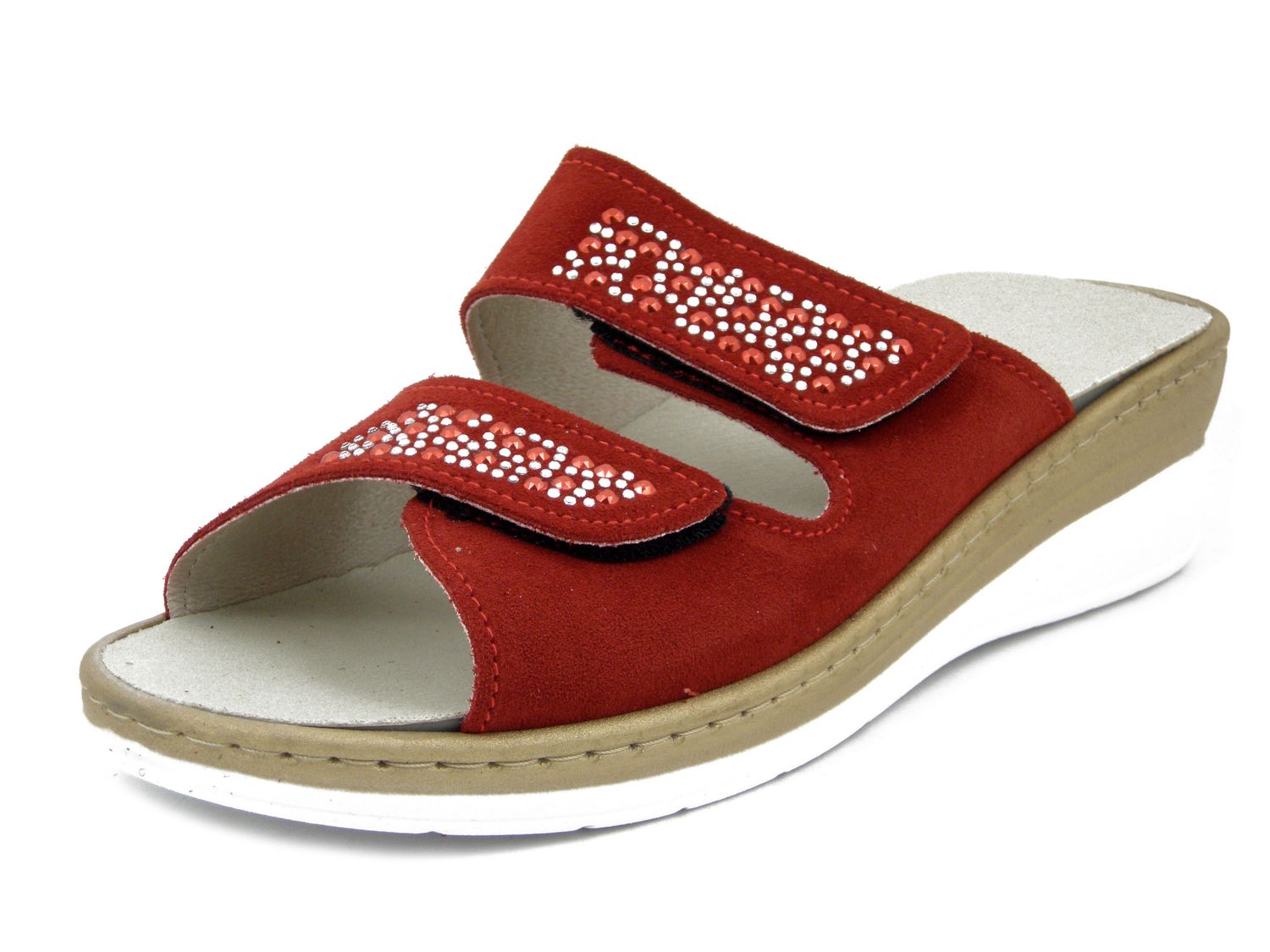 Ciabatte Donna in Pelle Camoscio Rosso, Doppio Strap, Plantare Estraibile, Zeppa Bassa, CINZIA SOFT - NE201